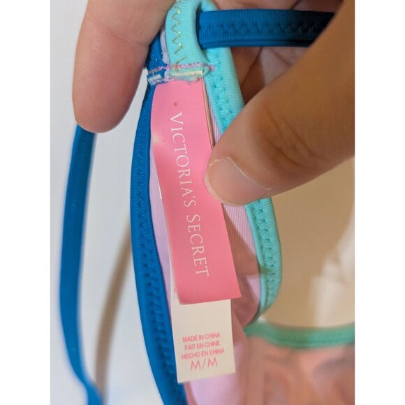 Victorias Secret High Neck Halter Bikini Set M Ombre Lace Pink & Blue With Strap - Picture 5 of 9